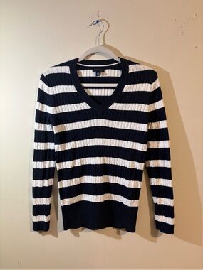 Tommy Hilfiger sweater women's medium striped‎ cable knit pullover ribbed V-neck